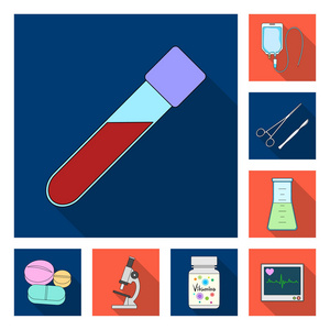药物和治疗平面图标集合中的设计。药品和设备矢量符号库存 web 插图