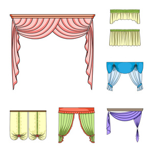 不同种类的窗帘卡通图标集为设计收藏。窗帘和 lambrequins 矢量符号股票网页插图