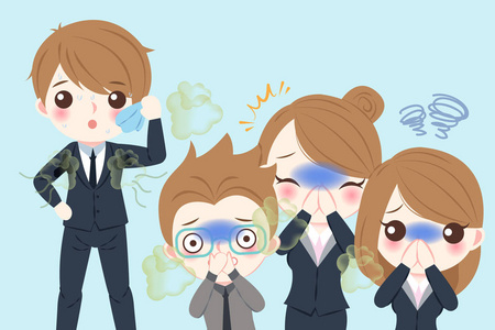 蓝色背景的可爱卡通商人与身体气味问题照片