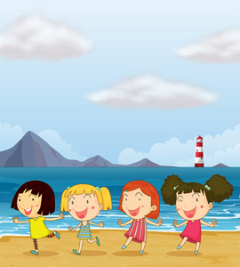 海边孩子跳舞四个女孩在沙滩上跳舞照片