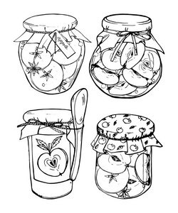 苹果果酱在不同形状的罐子, 设置, 黑白向量例证, 着色照片