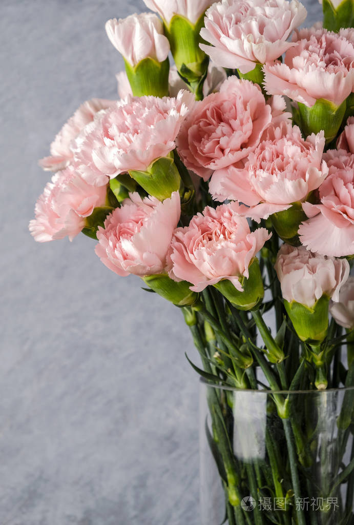 粉红色康乃馨花玻璃花瓶