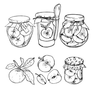 苹果果酱在罐子和苹果, 家庭收获苹果, 黑白向量例证, 绘画照片