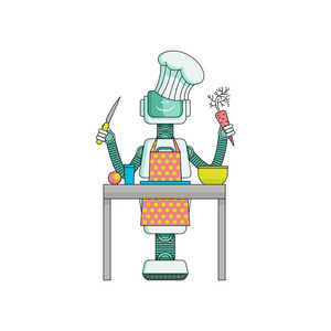 机器人厨师准备食物在厨房隔绝在白色背景下照片