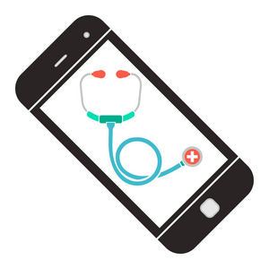 在线医生。智能手机与听诊器。网络医疗帮助概念图标。颜色矢量插图