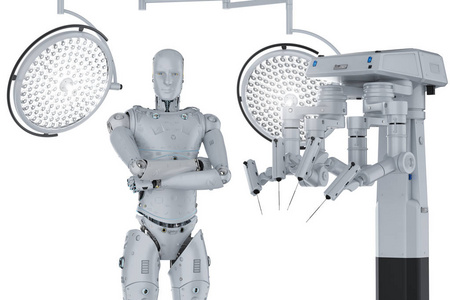3d. 用机器人和手术灯在白色背景上绘制机械手手术机