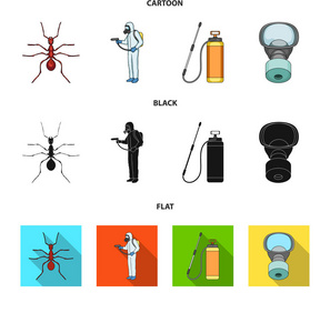 蚂蚁, 工作人员在工作服和设备卡通, 黑色, 平面图标集集合为设计。害虫控制服务矢量符号股票 web 插图