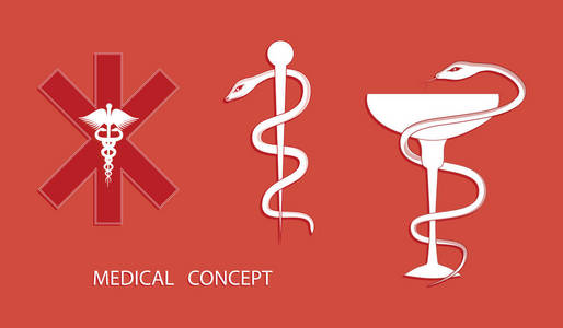 医疗标志集十字和默丘利, 碗和蛇, 工作人员和蛇扁平式艺术载体