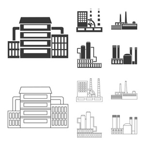 工业生产。工厂设置集合图标黑色, 轮廓样式矢量符号股票插画网站