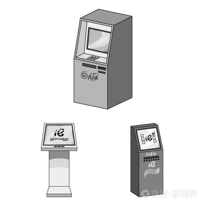 各种终端单色图标集的设计集合。Atm 和交易设备矢量符号股票 web 插图