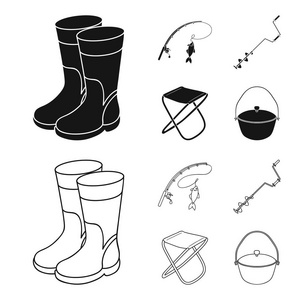 钓鱼集集合图标黑色, 轮廓样式矢量符号股票插画网站照片