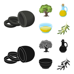 一棵橄榄树, 一个有橄榄的树枝, 一个容器和一壶油。橄榄集图标卡通, 黑色风格矢量符号股票插画网站