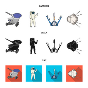 月球车, 太空服, 火箭发射, 人造卫星。空间技术集合图标在卡通, 黑色, 平面矢量符号股票插画网站