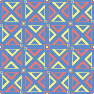 几何无缝图案。蓝色背景以红色和黄色设计为墙纸纺织品和织品