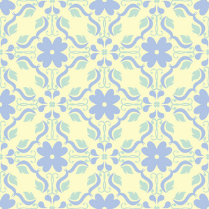 无缝的背景与花卉图案。米色背景以淡蓝色和绿色花元素为墙纸纺织品和织品