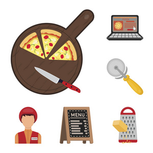 比萨饼和比萨店卡通图标集的设计。员工和设备矢量符号库存 web 插图