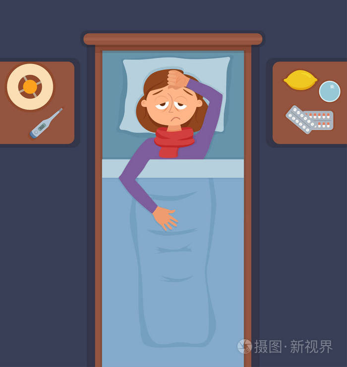 生病的女孩在床上与感冒, 流感的症状