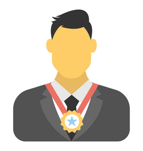 一个衣着考究的人, 作为一名员工身穿奖章, 显示为当月的雇员。