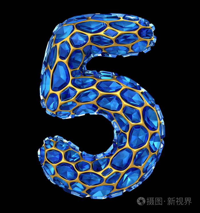 数字5五由蓝色金刚石在黑色背景被隔绝了.三维