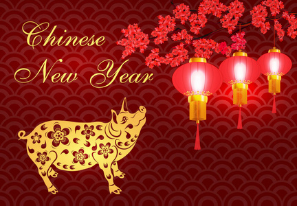 2019生肖猪。贺卡。中国的新年猪带来了繁荣和好运。程式化插画