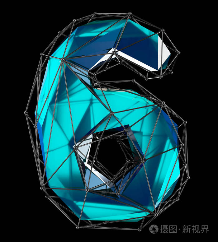 数字6六在低保利样式蓝色被隔绝在黑色背景.三维