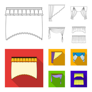 不同类型的窗帘。窗帘集合图标的轮廓, 平面式矢量符号股票插画网站