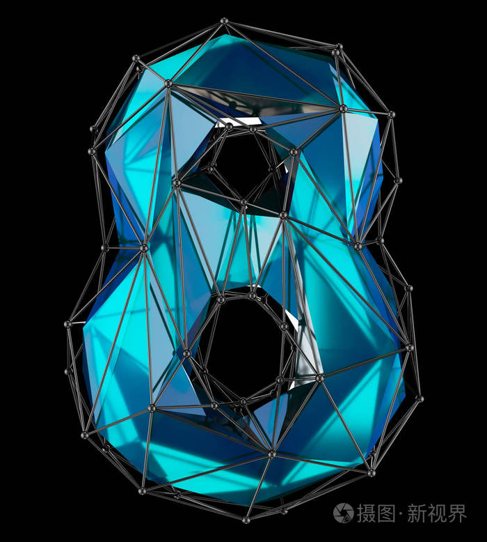 数字8八在低保利样式蓝色被隔绝在黑色背景.三维