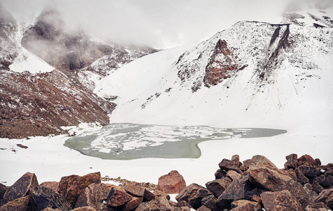 哈萨克斯坦阿拉木图在理 Alatay 雪山湖上有冰的山湖
