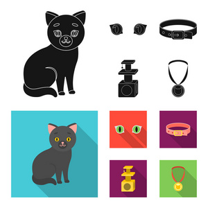 猫的眼睛, 衣领, 猫的房子, 丝带上的奖章。猫集合图标在黑色, 平面式矢量符号股票插画网站