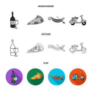 一瓶酒, 一块披萨, 一 gundola, 一辆滑板车。意大利集合图标在平面, 轮廓, 单色风格矢量符号股票插画网站