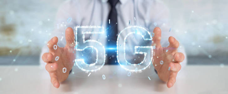 在模糊背景下的商人使用5g 网络数字全息图3d 渲染