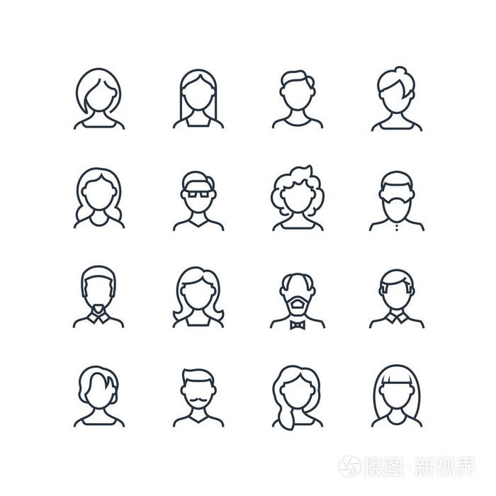 女性男性轮廓符号与不同的发型.矢量人物化身隔离