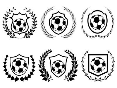 独立足球盾与月桂花环图标设置从白色背景