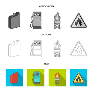 汽油罐, 加油站, 塔, 警示牌。集油图标平面轮廓单色矢量符号股票插画网
