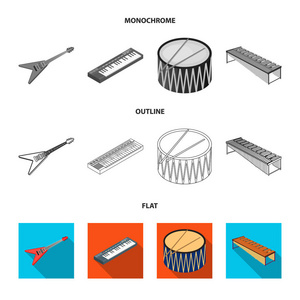 乐器平面轮廓单色图标在集合中进行设计。弦与风仪等距向量符号股票 web 插图