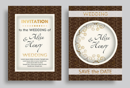 婚礼请柬模板。设置典雅的背景与金色饰品贺卡。矢量插图