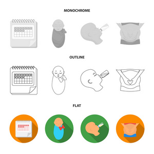 日历, 新生儿, 胃部按摩, 人工喂养。怀孕集合图标在平面, 轮廓, 单色风格矢量符号股票插画网站