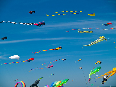 在长滩风筝节在蔚蓝的天空中飞行的各种五颜六色的风筝照片
