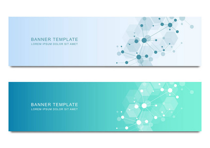 媒介横幅设计为医学科学和数字技术。分子结构背景与连通线与点的通信