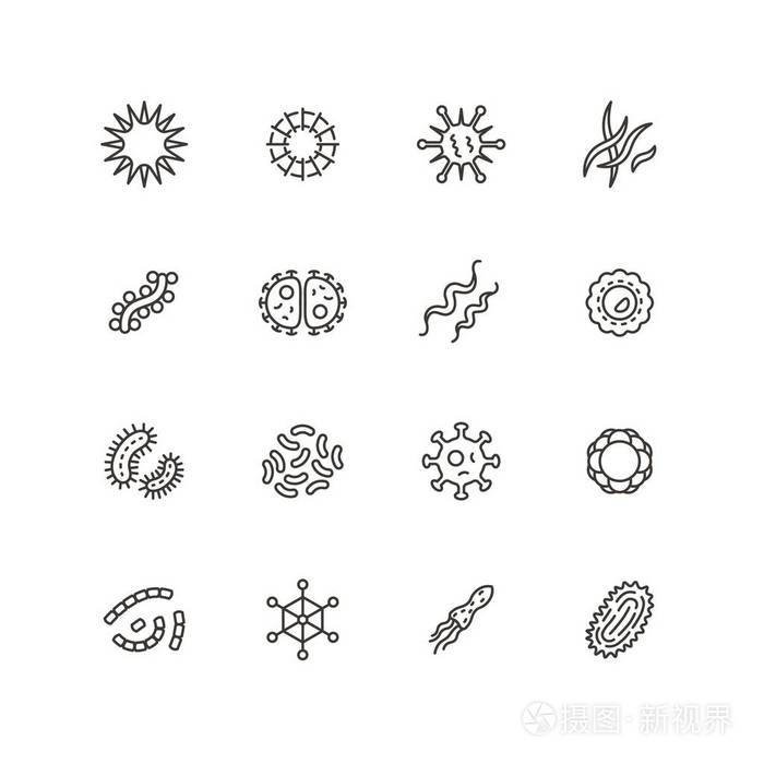疾病杆菌, 微生物, 病毒和微生物线图标.