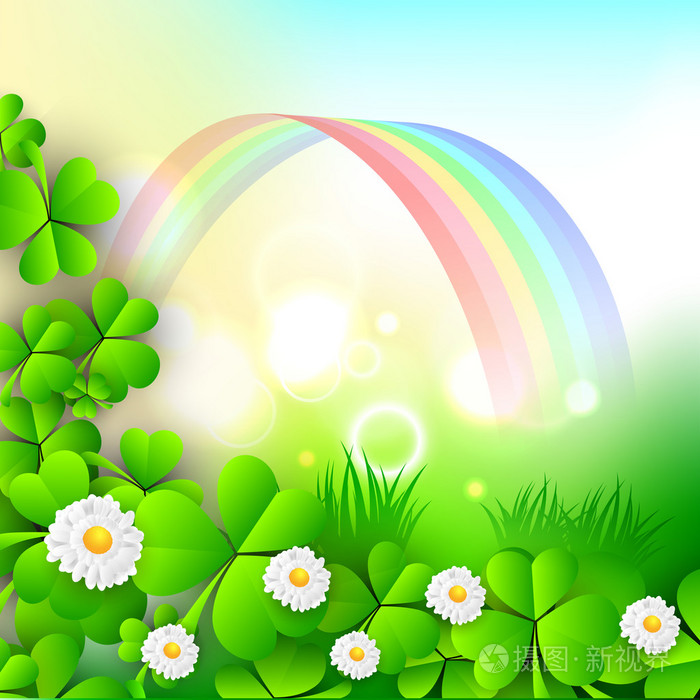 爱尔兰三叶草叶子和花上很开心的彩虹背景