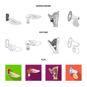 电动开关按钮, 白炽灯等网页图标平, 轮廓, 单色风格。竖琴演奏, 扩音器在手图标在集合汇集