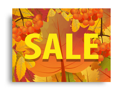 秋季销售或秋季销售的水平背景与枝的罗恩和枫叶。矢量插图