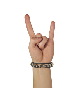 的手给摇滚乐标志动画片孩子的向量例证以不同的表示岩石的象征,手势