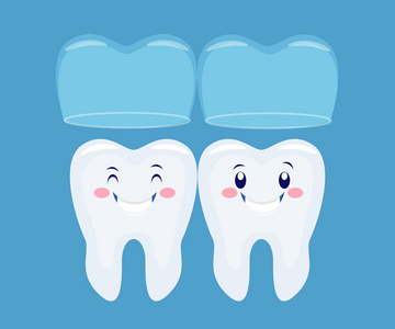 两个滑稽的卡通牙齿与隐形的大括号系统.vecto照片