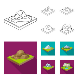 山, 岩石和风景。浮雕和山脉集合图标的轮廓, 平面的等距向量符号股票插图 web