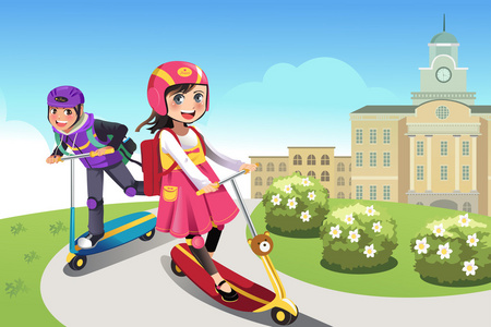 孩子们骑着滑板车