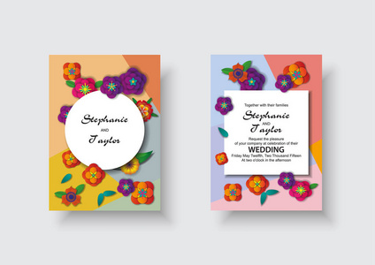 婚礼请柬, 花卉邀请谢谢, rsvp 现代卡设计 剪纸3d 花