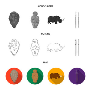 原始, 女人, 男人, 牛。石器时代集图标在平面, 轮廓, 单色风格矢量符号股票插画网站