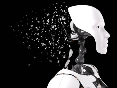 3d 渲染的一个女性机器人的头。心都碎了头。黑色背景